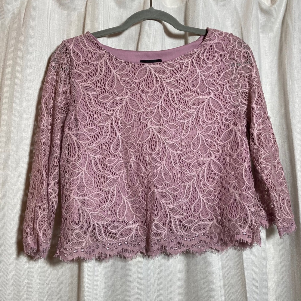 Feminine Metaphor Mauve Pink Floral Lace 3/4 Sleeve Blouse Top Sequin Trim S